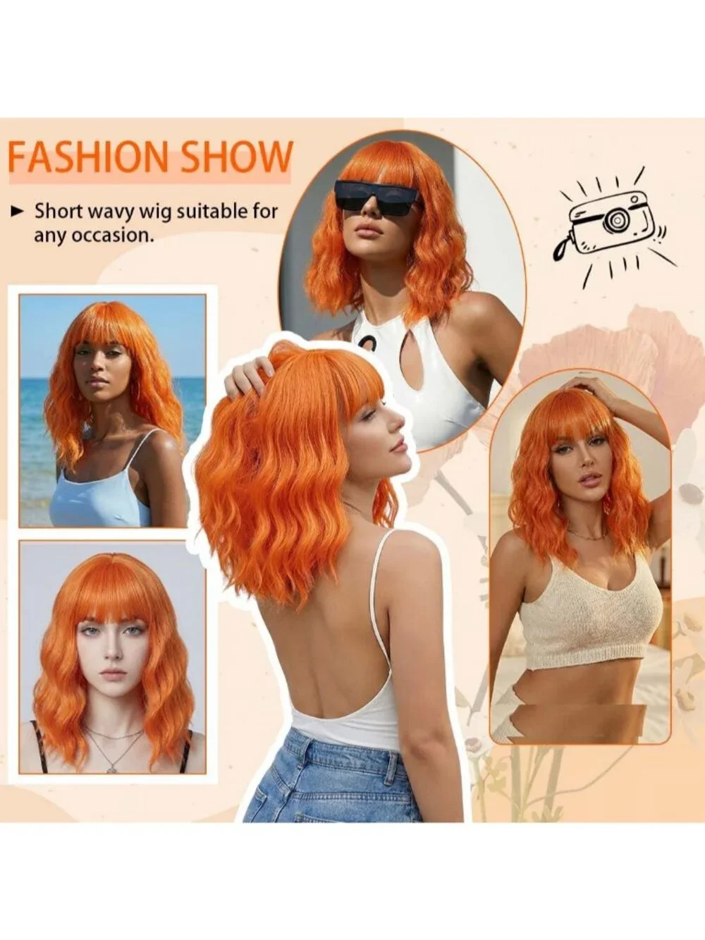 Women's Ginger 14 Inch Short Shoulder Length Synthetic Bangs Wavy Bob Wig